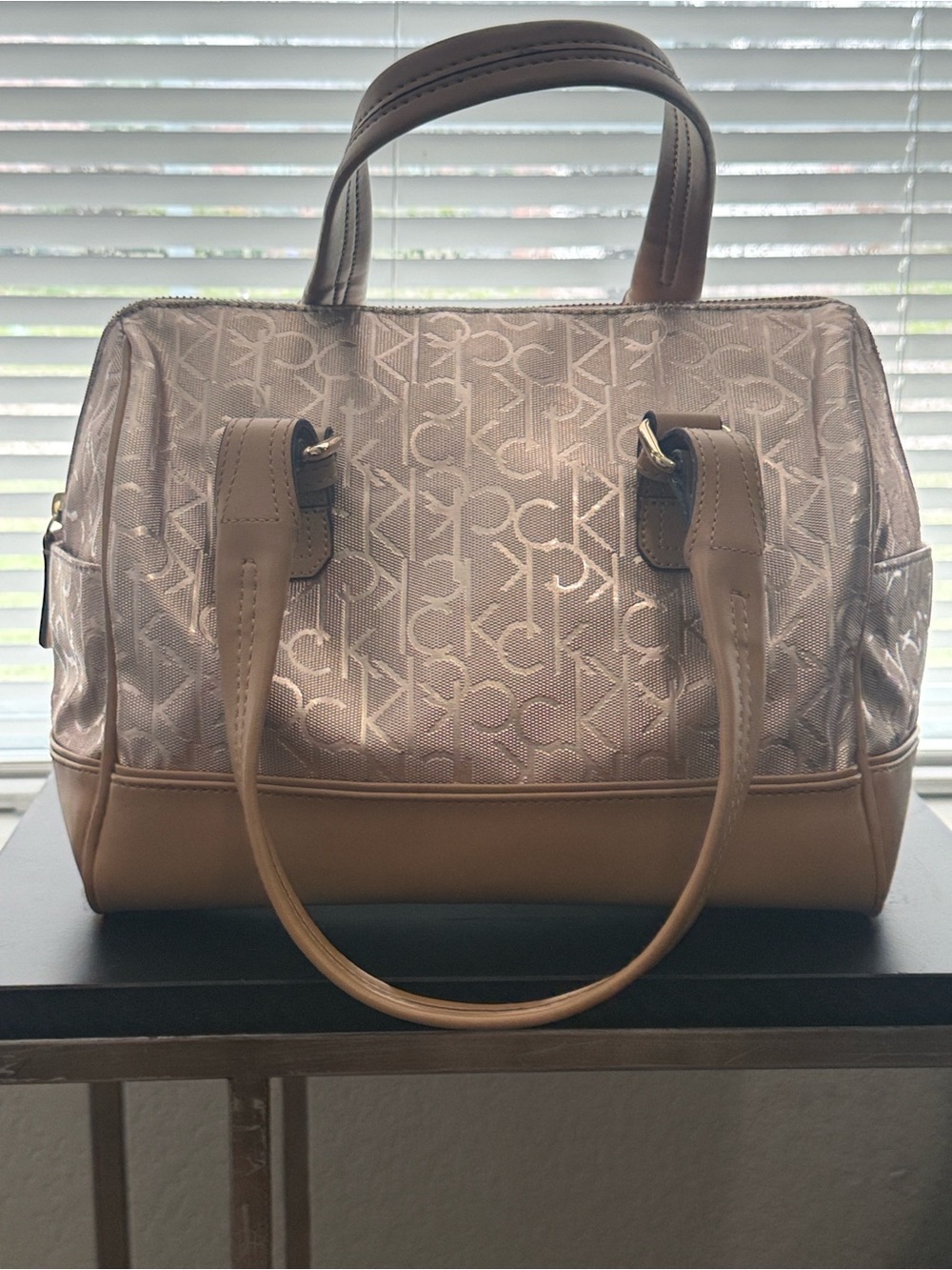 Calvin Klein Hudson Logo Jacquard  Monogram Satchel with Tan Trim